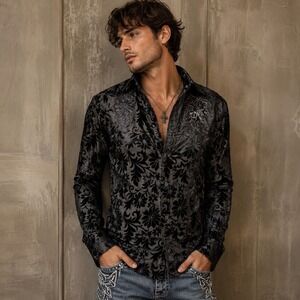 Y2K Velvet Burnout Floral Gothic Button Up Shirt Large DEUS Unisex Dark Romantic
